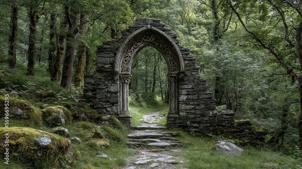 Obraz premium Ruined archway in a mossy forest. Lush greenery surrounds a stone archway, leading into a path