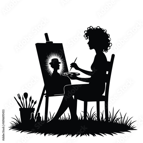 Silhouette of a female artist painting a portrait on an easel Keywords: artist, painting, easel