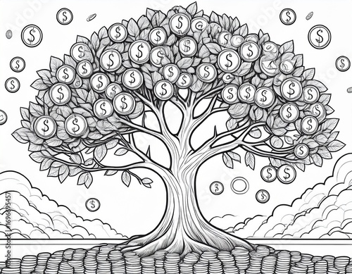 money tree with coins outline coloring book page line art drawing