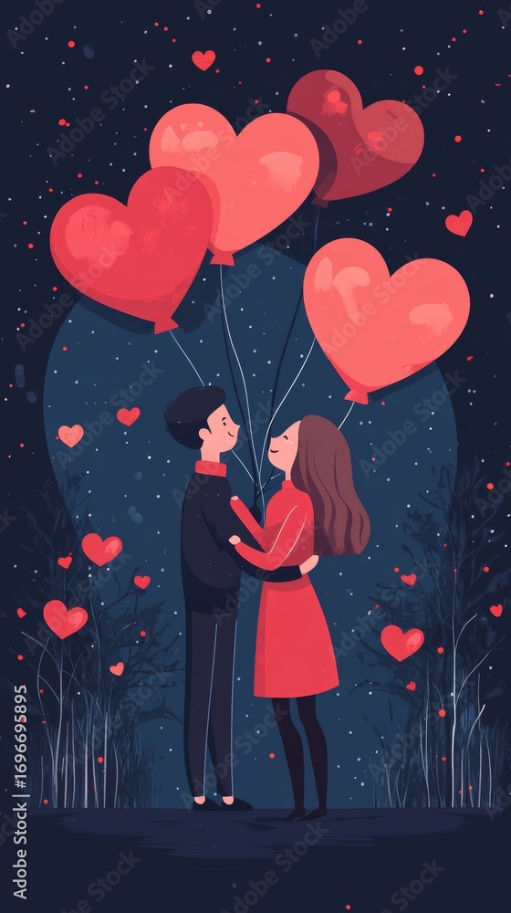 Obraz premium Romantic Couple Embracing Under Heart Balloons