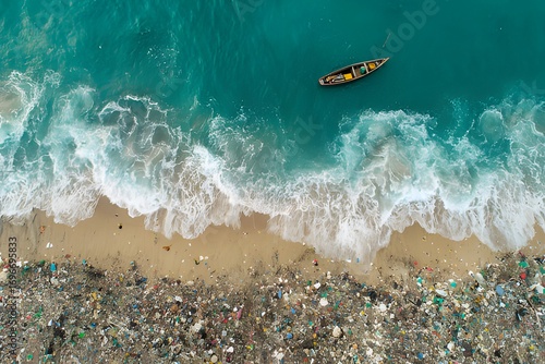 Aerial view of traditional wooden boats floating in polluted ocean with visible plastic waste and debris near shoreline