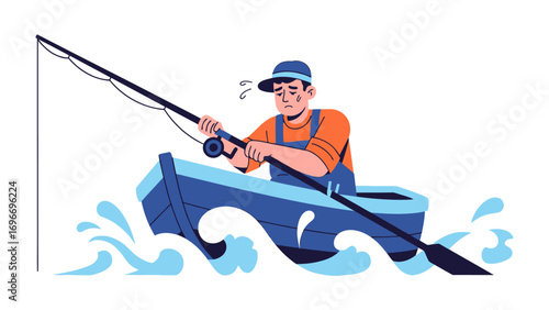 Man Fishing on a Boat: An illustrative rendering presents a focused fisherman, actively engaged in the pursuit of his catch, bobbing amidst the playful dance of the waves.