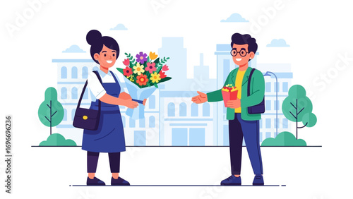 Gift of Flowers: An illustrated scene of an exchange between two figures. One person is presenting a colorful bouquet of flowers while the other hands over a wrapped gift.