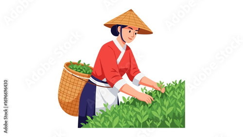 Tea Harvest Harmony: A woman, adorned in traditional attire and a conical hat, delicately harvests tea leaves from lush green bushes in this artful illustration.