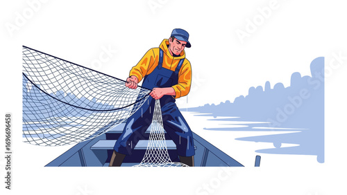 Fisherman At Work: An illustrated depiction of a determined fisherman on a boat, expertly casting his net over water, highlighting his skill and commitment to his craft.