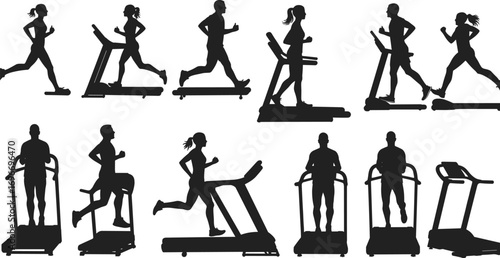 Silhouettes of men and women running and walking on treadmills, fitness exercise, cardio workout, gym equipment, healthy lifestyle