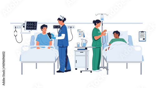 Hospital Ward: A clean, modern hospital ward setting showcasing the dedicated care of medical personnel tending to patients, highlighting the commitment to wellness and recovery.