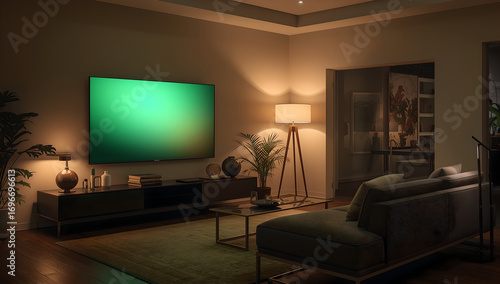 Green Screen TV Mockup in Modern Living Room Interior for Advertising and Media Design