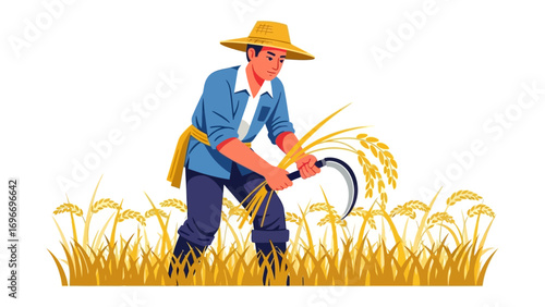 Harvesting Golden Wheat: Depicts a dedicated agricultural worker, with a straw hat, expertly harvesting golden wheat under a bright sunny sky. Symbolizing labor, resourcefulness.