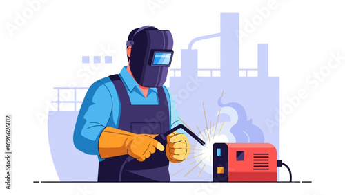 Welder at Work: A skilled welder, masked and gloved, expertly fuses metal components together, sparks flying as he performs his craft in a vibrant illustration of industry and expertise.