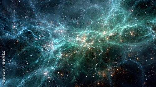 Stunning cosmic nebula with vibrant teal and green gas clouds and sparkling stars, creating a mesmerizing celestial landscape.