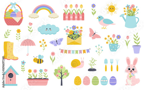 Spring set with bird, flowers, rabbit, birdhouses, sun, and other. For poster, card, scrapbooking, sticker, invitation.