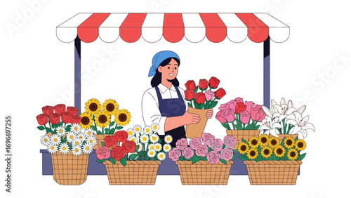 Floral Bloom Business: a female florist proudly showcasing vibrant blooms in a charming flower stand, the illustration capturing the essence of fresh, colorful, and lively commerce.
