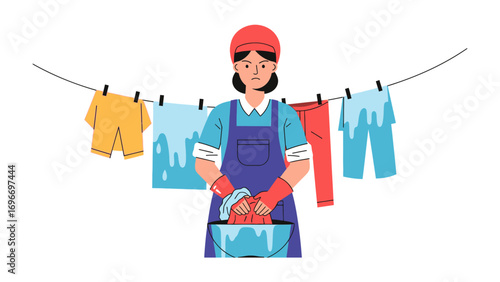 Domestic chores: An illustration capturing a dedicated individual diligently tending to household tasks, exemplified by a woman meticulously washing garments with careful attention.