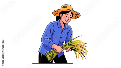 Farmer Harvesting Rice: A hardworking farmer in a straw hat smiling brightly as she reaps the golden rice harvest. It’s a celebration of the season, capturing the essence of rural life.