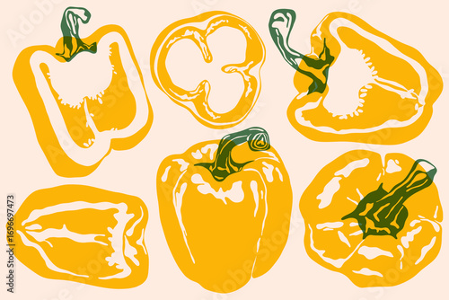 Yellow bell peppers. Whole and sliced pepper, abstract fresh sweet paprika vegetables, food collection with green stems risograph effect, organic vegetarian products. Vector set