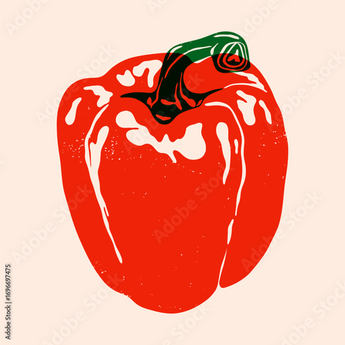 Red bell pepper. Whole sweet paprika vegetable and green stem, abstract fresh organic food risograph style, ripe vegetarian farm product art print menu design. Vector illustration