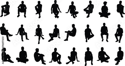 Silhouettes of men and women sitting in relaxed poses, casual posture, resting, meditation, calm, relaxation, diverse seated figures