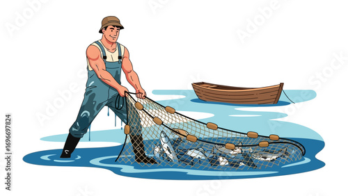 Catching Fish in Lake: A strong and focused fisherman, standing waist-deep in the cool water of a lake, expertly hauls in a filled fishing net, embodying skill and the rewarding of a successful catch.