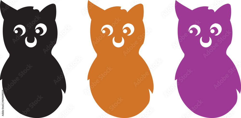 Fototapeta premium Three cheerful cartoon owls in black, orange, and purple stand side-by-side.