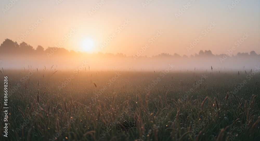 Fototapeta premium Misty sunrise over a field of tall grass creating a serene and peaceful landscape