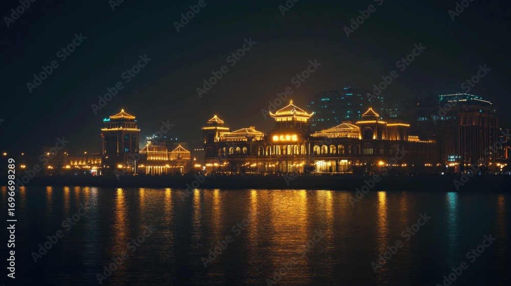 Fototapeta premium Illuminated Chinese architecture by the river at night