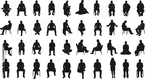 Silhouettes of people sitting in different poses on chairs and floor, showing relaxation, meditation, conversation, waiting, and casual seating.