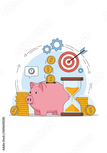 Financial growth and savings concept with piggy bank coins target and hourglass