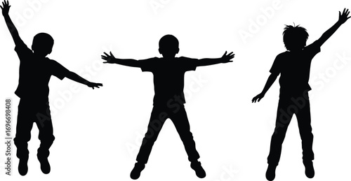 Silhouette vector illustration of happy kids jumping, playful children having fun, joyful childhood moments, black outline art on white background, isolated clipart.
