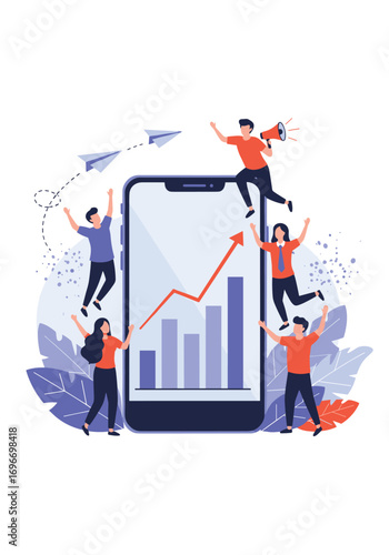 Business growth strategy team celebrating success with mobile app data analysis
