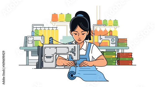 Skillful Seamstress at Work: Focused, the woman, in this vector illustration, is absorbed in her craft. She is diligently operating an industrial sewing machine.