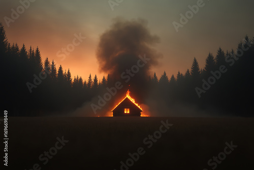 Isolated cabin ablaze at dusk, flames consuming its structure. Smoke billows, silhouettes of surrounding trees frame the fiery scene.
