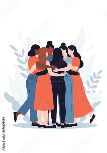 Diverse group of women embracing in solidarity celebrating unity and friendship among them