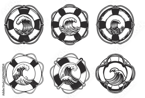 Monochrome lifebuoy set with rope encircling stylized ocean wave, perfect for nautical logo, marine safety branding, rescue service design, and coastal tourism promotion