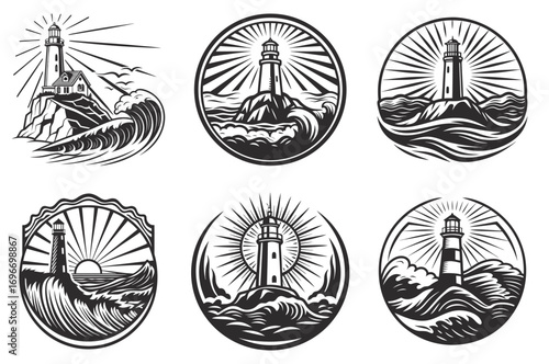 Monochrome lighthouse set with light beams in turbulent sea inside oval frame, designed for marine navigation, safety, and nautical emblem projects