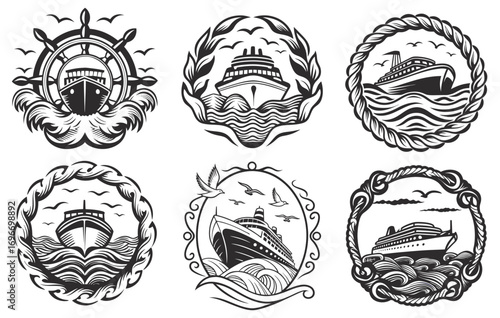Vintage cruise ship navigating ocean waves with seagulls in flight above, suitable for nautical emblem set, maritime branding, or travel related vector design in monochrome style