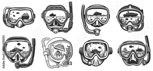 Monochrome diving mask reflecting yacht sailing on ocean waves with fish swimming, set for nautical emblem, diving club branding, and marine tourism promotion