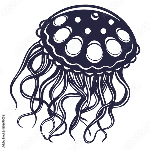 Monochrome vector jellyfish with extended tentacles, suitable for marine life themes, underwater scene designs and nautical style branding