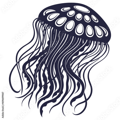 Monochrome vector jellyfish with extended tentacles, suitable for marine life themes, underwater scene designs and nautical style branding