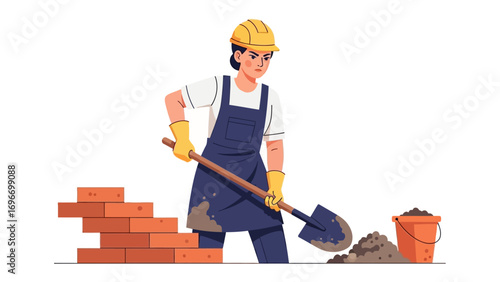 Builder Constructing: A construction worker, donned in a protective helmet and workwear, is meticulously building a brick wall with a shovel in hand, illustrating hard work and skilled craftsmanship.