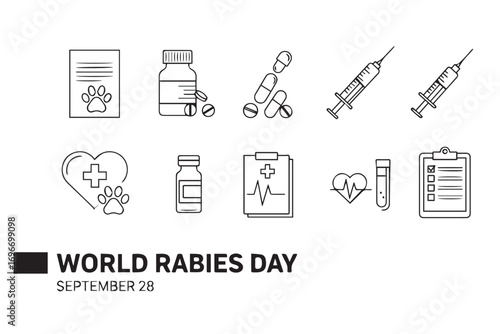 Collection of icons for world rabies day on september 28 isolated on white background