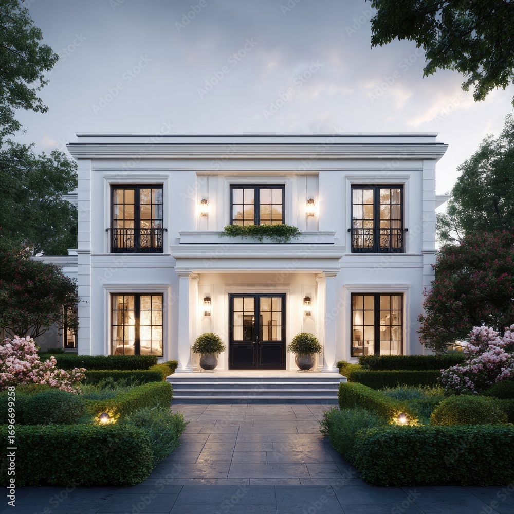 Fototapeta premium Elegant white colonial-style home at twilight