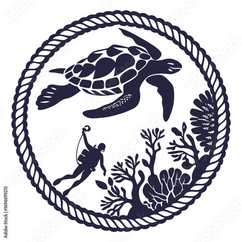 Monochrome vector scuba diver exploring coral reef with sea turtle, enclosed in circular nautical rope frame, marine emblem focused on underwater exploration.
