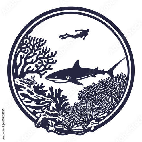 Monochrome vector scuba diver navigating coral reef with shark swimming above, framed by circular rope, marine emblem showing underwater wildlife interaction.