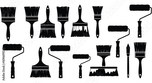 various painting tools arranged neatly silhouette