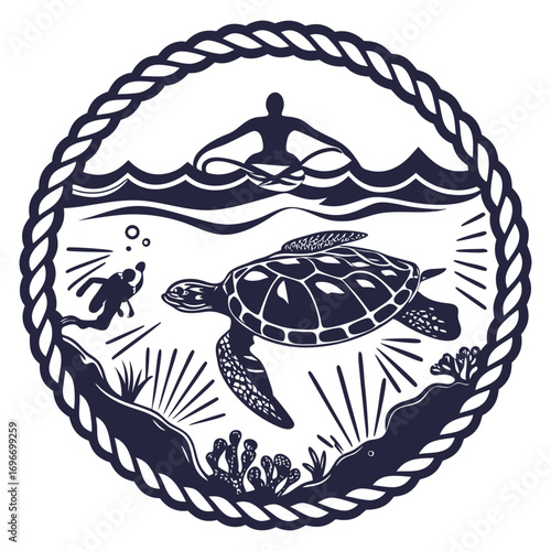 Monochrome vector scuba diver exploring coral reef with sea turtle, enclosed in circular nautical rope frame, marine emblem focused on underwater exploration.
