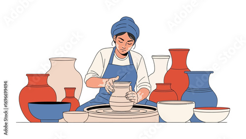 Pottery Craft: A skilled artisan focuses with intricate detail on crafting a pot on a pottery wheel, showcasing the age-old practice of shaping clay and celebrating craftsmanship