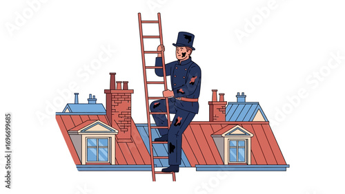 Chimney Sweep on the Ladder: A chimney sweep, adorned in traditional attire, ascends a ladder on a rooftop, readying for his duties. A scene of old-world craftsmanship.