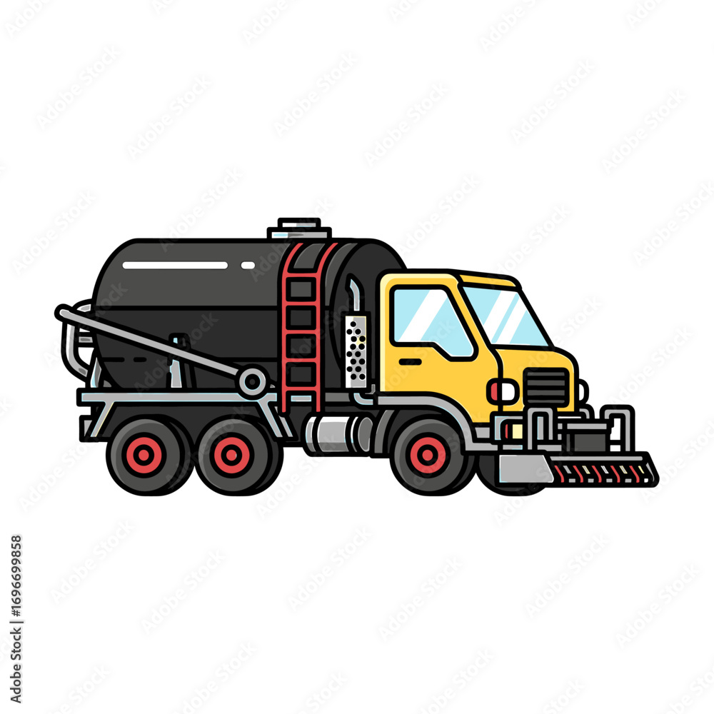 Fototapeta premium Illustration of a yellow and black water truck with a tank and ladder on a white background.