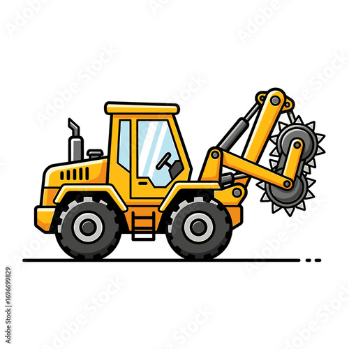 A cartoon illustration of a yellow trenching machine, ready for construction work.
